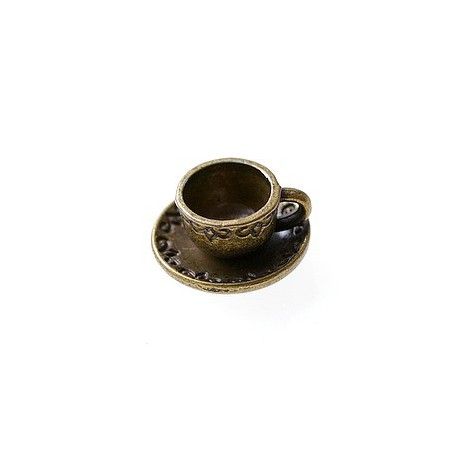 Breloque tasse gravée et sa sous-tasse 14x8mm LAITON VIEILLI  - 1