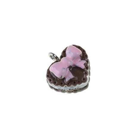 Gâteau coeur avec noeud résine 16x15mm CHOCOLAT x1  - 1