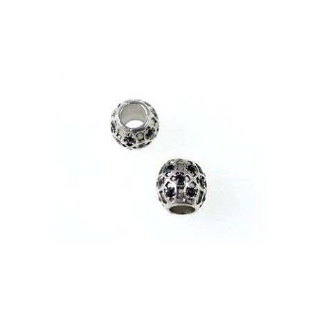 Perle métal gros trou royal strassée 9.6mm ARGENTÉ/JET x1  - 1