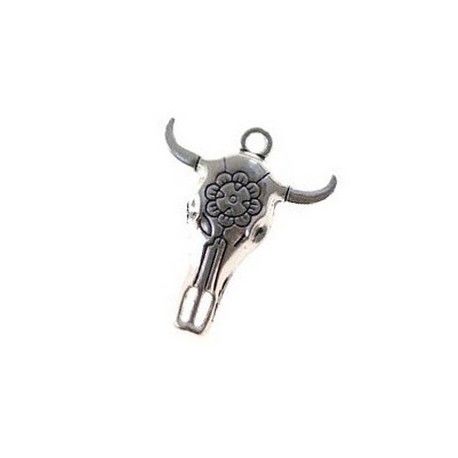 Pendentif tête de buffle 33x27mm ARGENTÉ VIEILLI  - 1