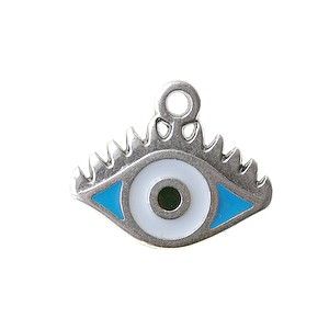 Breloque oeil porte-bonheur émaillé 9x14mm ARGENTÉ/TURQUOISE x1