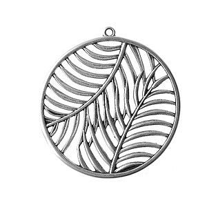 Pendentif rond feuilles tropicales 43mm ARGENTÉ VIEILLI x1