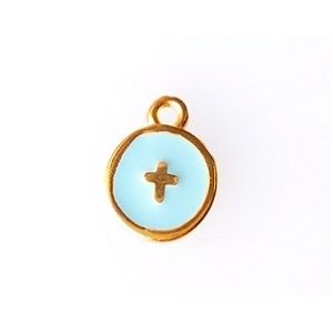 Breloque rond émaillé croix 10 x 12.5mm DORÉ/ TURQUOISE x1
