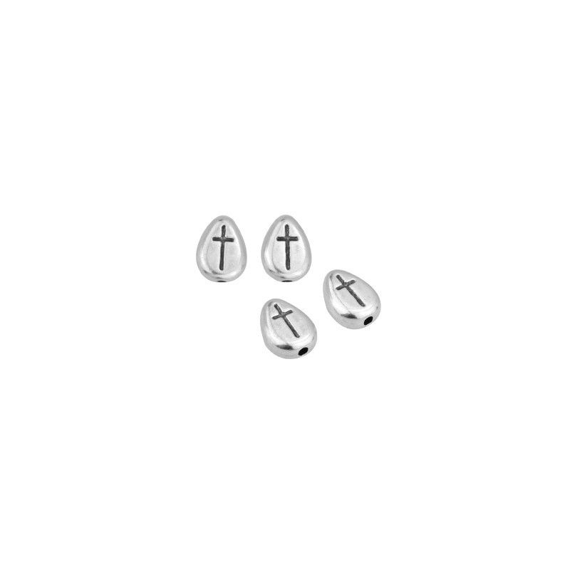 Perle aplatie argentée motif croix 8x10mm x1  - 1