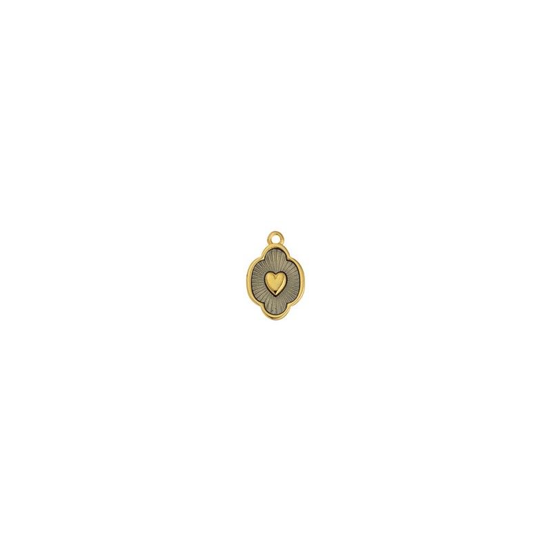 Breloque ovale motif cœur en zamak doré à l'or fin émaillé 18.5mm x1  - 1