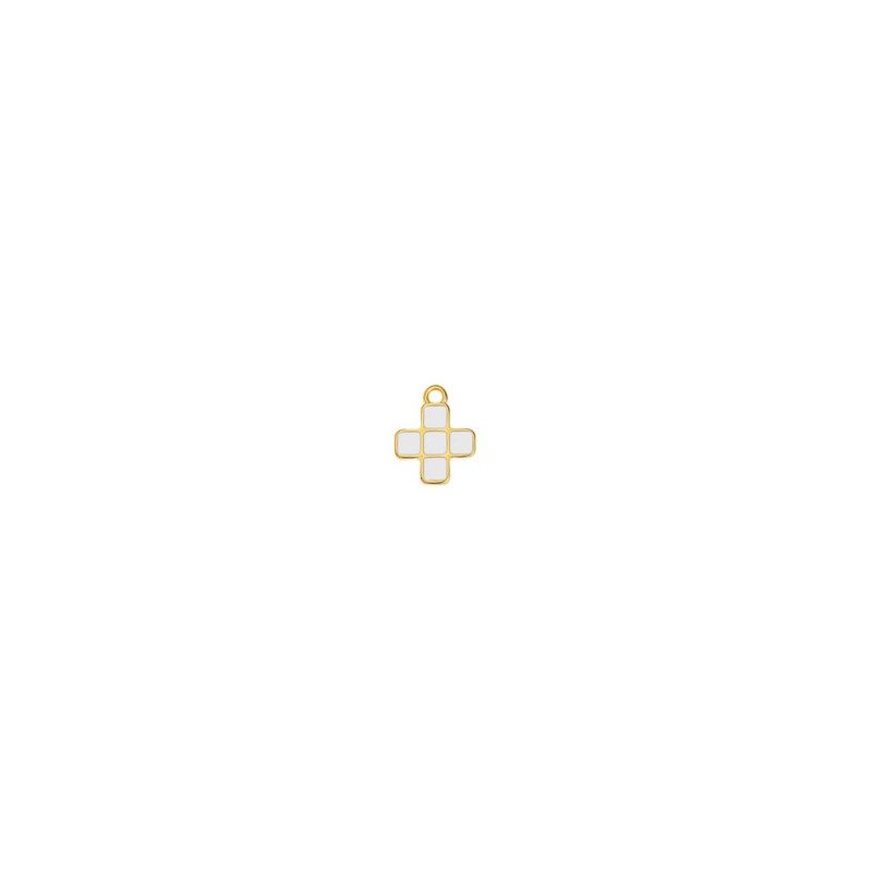 Pendentif croix avec motif carré émaillé blanc doré à l'or fin 24K - 10.8x13.6mm x1  - 1