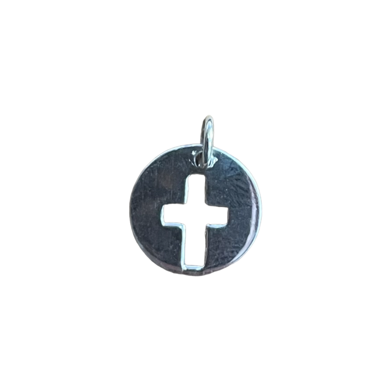Breloque médaille ronde ajourée motif croix avec anneau soudé 11 mm Argent 925 x1  - 1