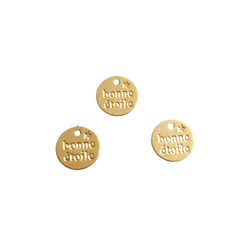 Breloque gravée "Bonne étoile" dorée à l'or fin 24K - 8.9mm x1  - 1