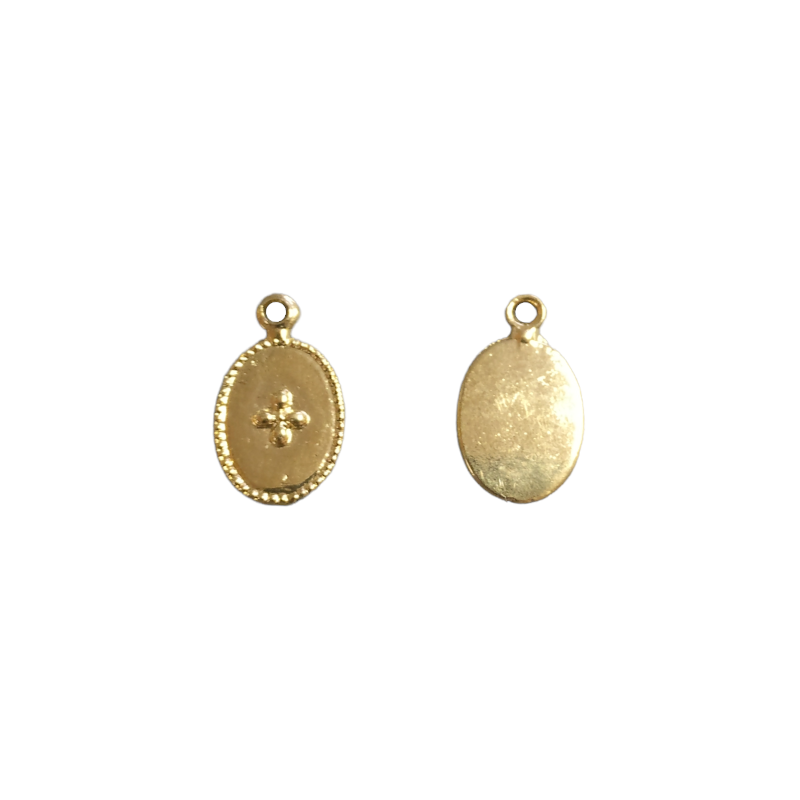 Breloque ovale motif croix dorée à l'or fin 24K - 14x8.6mm x1  - 1
