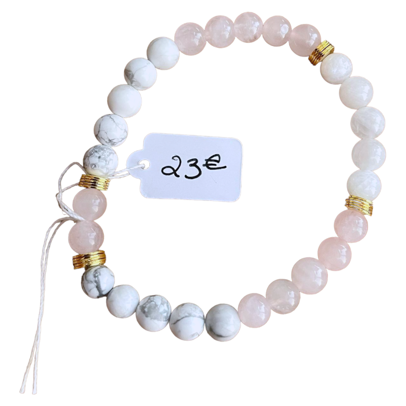 Bracelet pierre naturelle - howlite + quartz rose + pierre de lune | 2 tailles x1  - 3