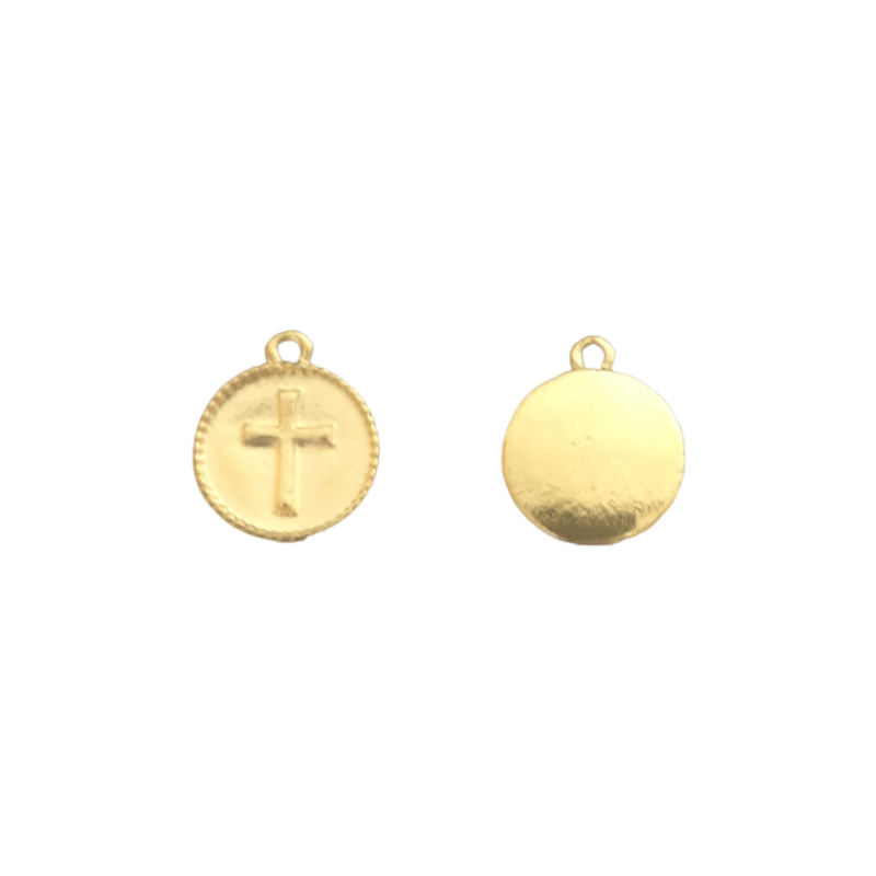 Breloque Ronde motif Croix dorée à l'or fin 24K 12MM x1