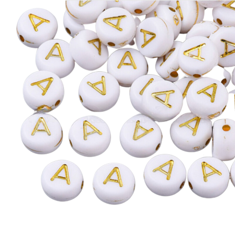 Pastilles blanches rondes en acrylique - lettre alphabet doré 7x3.5mm x1
