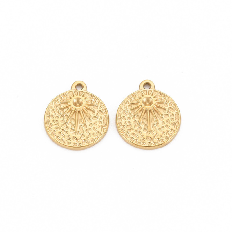 Breloque ronde motif étoile en acier inoxydable doré à l'or fin 14K 15x12.5x2mm x1