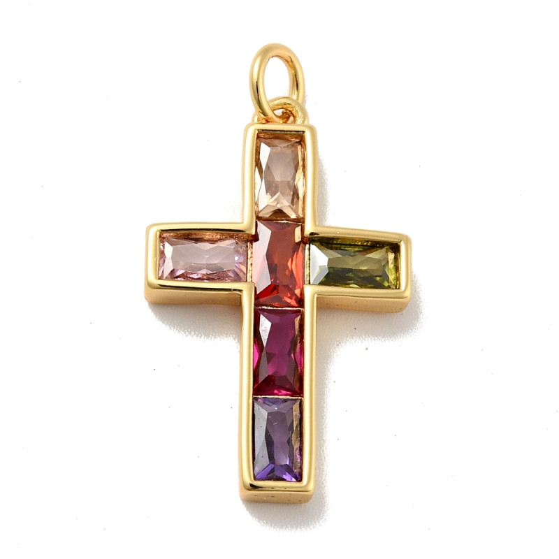 Pendentif croix doré à l'or fin 18K et oxyde de zirconium multicolore 24.5x15x3mm x1