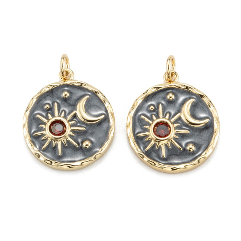 Breloque ronde motifs lune, soleil et étoiles avec oxyde de zirconium doré à l'or fin 18K 21x18x3mm x1