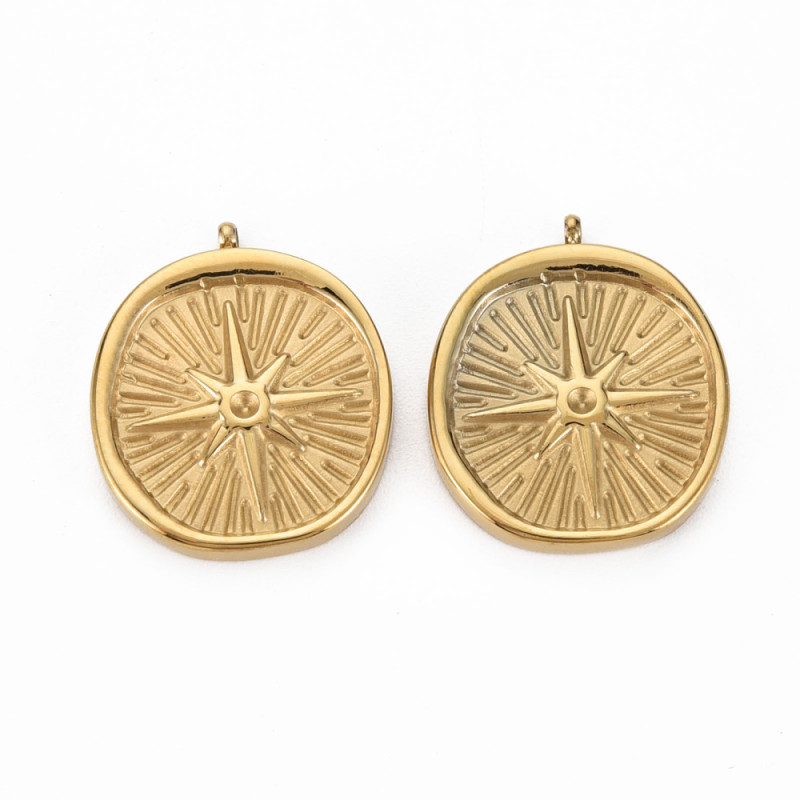 Breloque ronde motif rose des vents en acier inoxydable doré à l'or fin 14K - 20x17mm x1