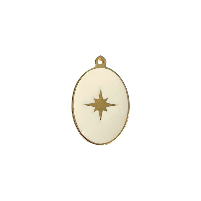 Pendentif ovale blanc étoile 17x12mm base argent 925 doré à l'or fin 24K x1