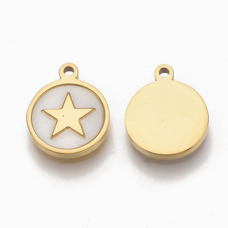 Breloque ronde motif étoile en acier inoxydable doré et coquillage blanc 12x10x2mm x1