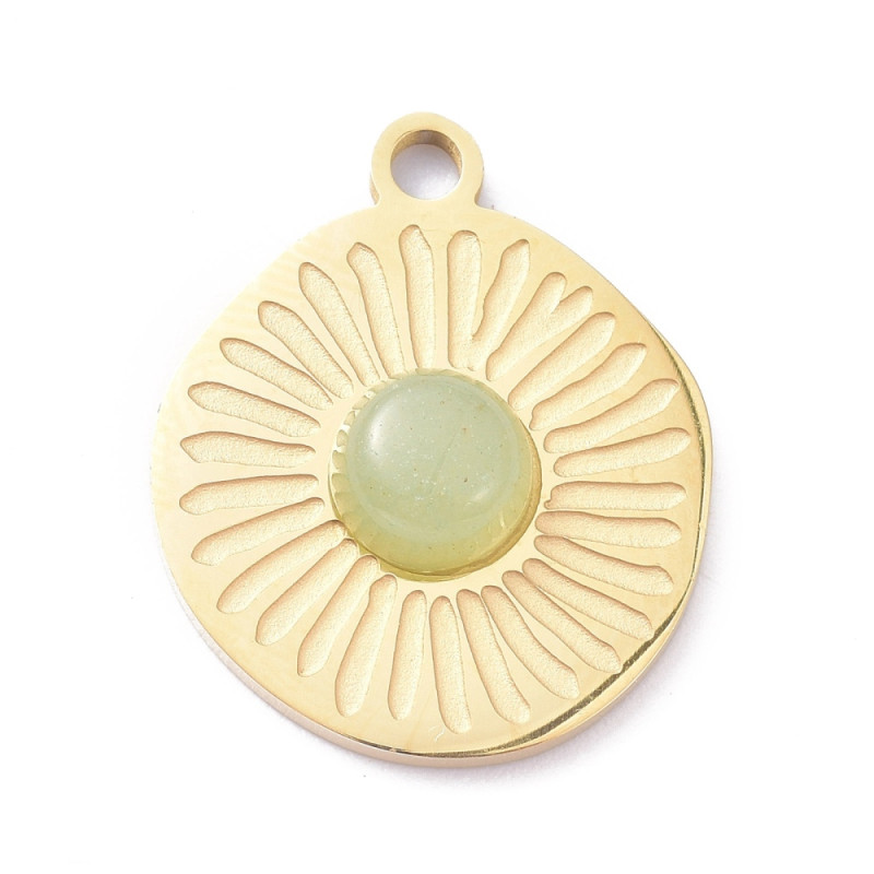 Breloque ronde soleil acier inoxydable 304 doré et aventurine diam. 17mm x1