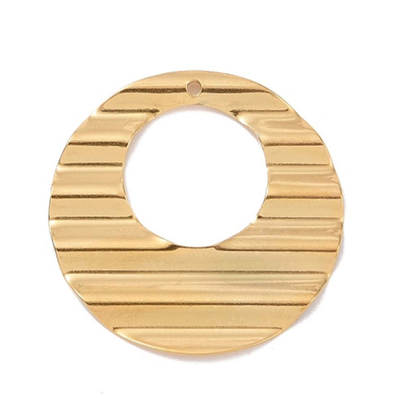 Breloque ronde évidée ondulée en acier inoxydable doré diam.32mm  x1