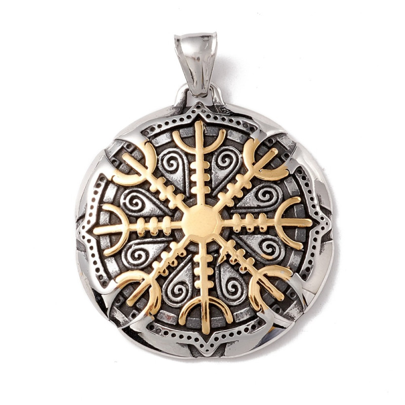 Pendentif rond rune homme acier inoxydable doré et argenté diam.38mm  x1