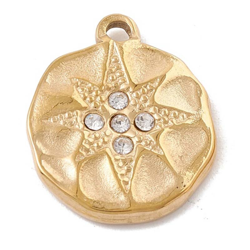 Breloque ronde martelée étoile acier inoxydable 304 doré avec strass diam. 15mm x1