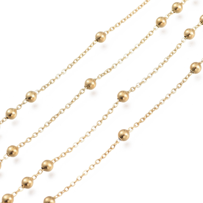 Chaîne maille ronde avec perle ronde, acier inoxydable 304, soudée et dorée, 1.2mm - perle : 3mm x1m