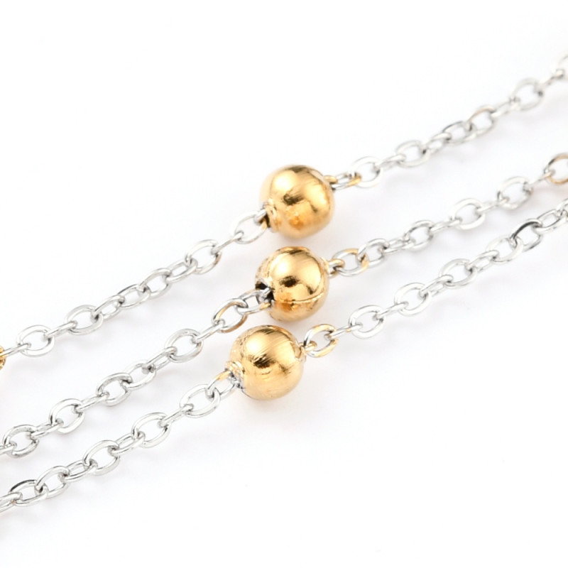 Chaîne maille ronde avec perle ronde dorée, acier inoxydable 304 bicolore, soudée, maille : 1x1x1mm, perle : 3mm x1M