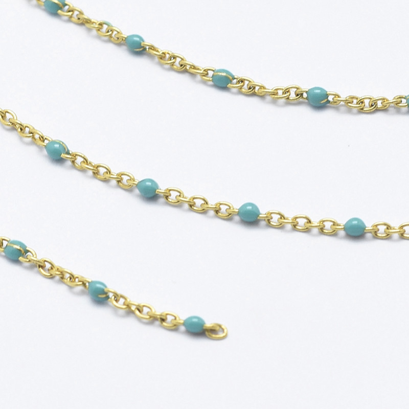 Chaîne maille ovale avec perle ronde émaillé turquoise, acier inoxydable, soudée, dorée, maille : 2x1.6x0.2mm, perle : 2mm x1M