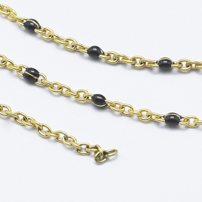 Chaîne maille ovale avec perle émaillée noire, acier inoxydable, soudée, dorée, maille : 2x1.6x0.2mm, perle : 2mm x1M
