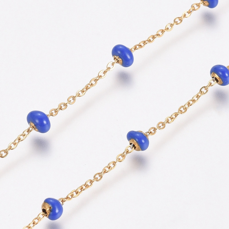Chaîne maille ronde et perle rondelle 2mm émaillée bleue, acier inoxydable doré, maille : 1mm soudée  X1m