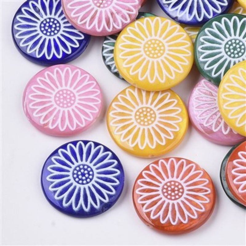 Pastille ronde en nacre motif marguerite 19mm | 5 couleurs disponibles x1