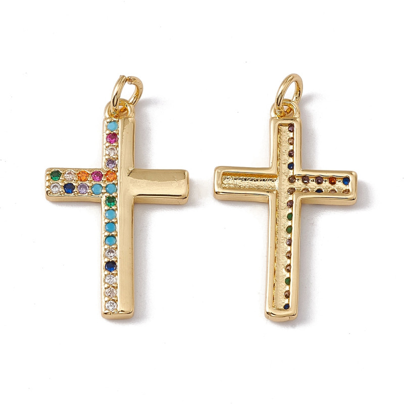 Pendentif croix doré à l'or fin 18K et oxyde de zirconium multicolore 25.5x15.5x2mm x1