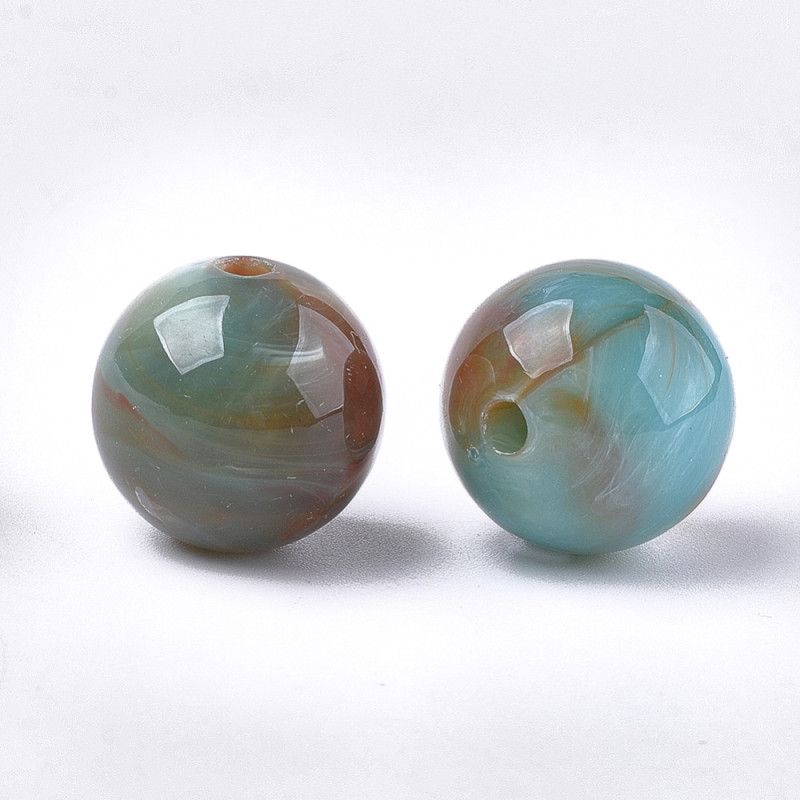 Perle ronde en acrylique effet marbré Bleu canard/Marron 20mm x2