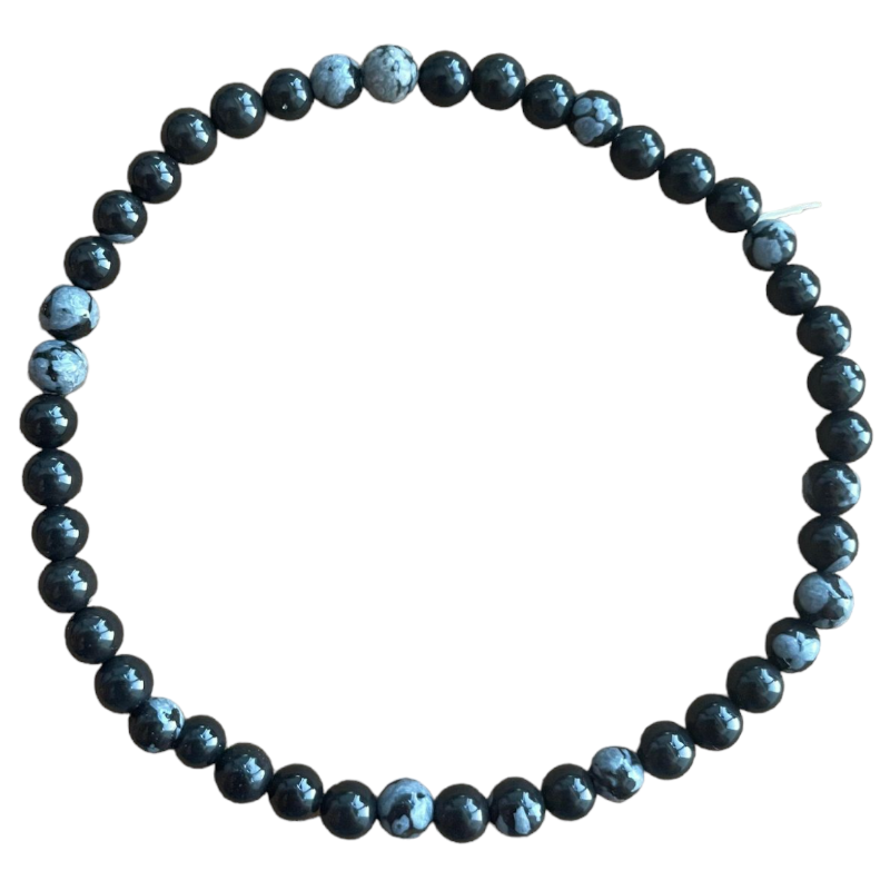 Bracelet Perle Ronde 4mm, Fil de 18cm en Obsidienne Flocon de Neige x1