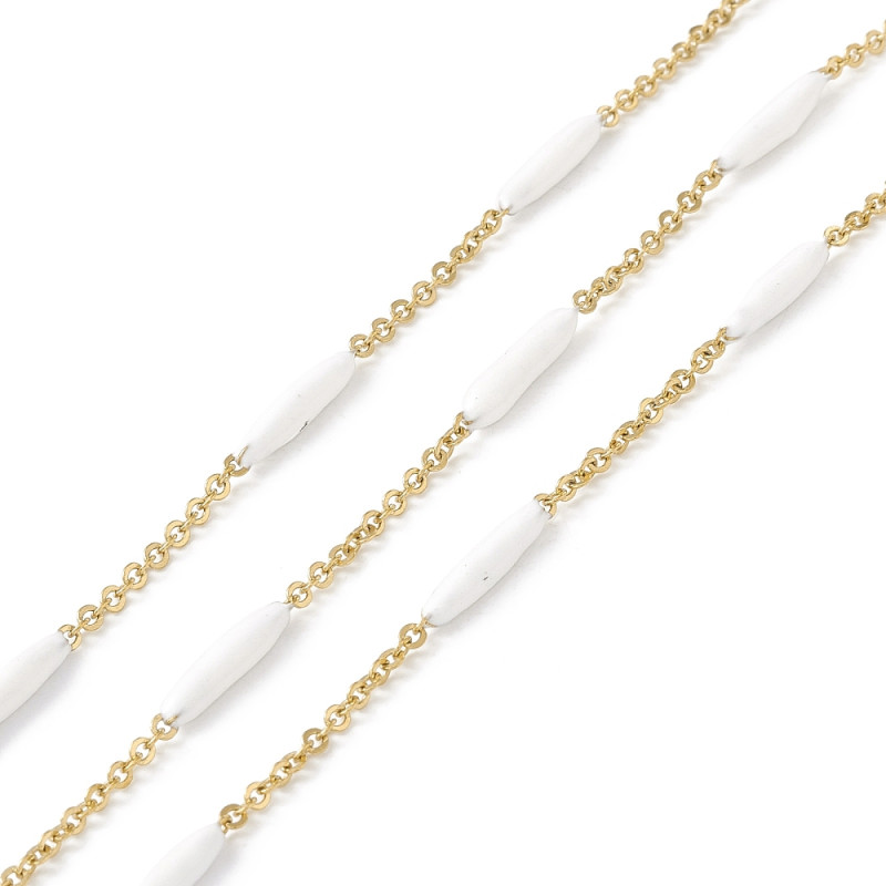 Chaînes de câble en acier inoxydable 304, avec perles ovales en émail blanche, dorées, perles : 14x2.5mm, maillons : 2X1.7mm x1M
