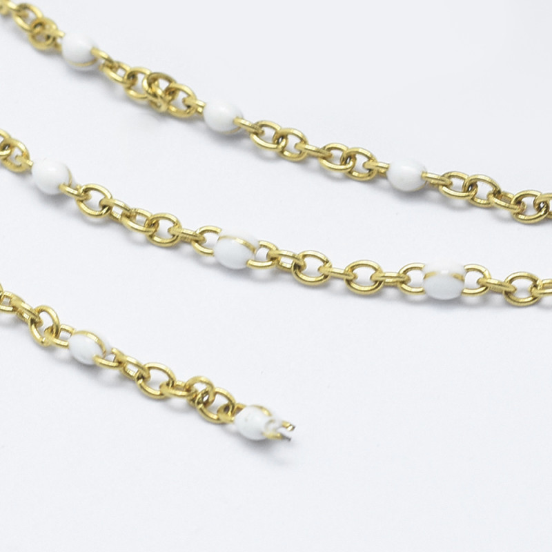 Chaîne maille ovale avec perle ronde blanche, acier inoxydable, soudée, dorée 2x1.6x0.2mm x1M