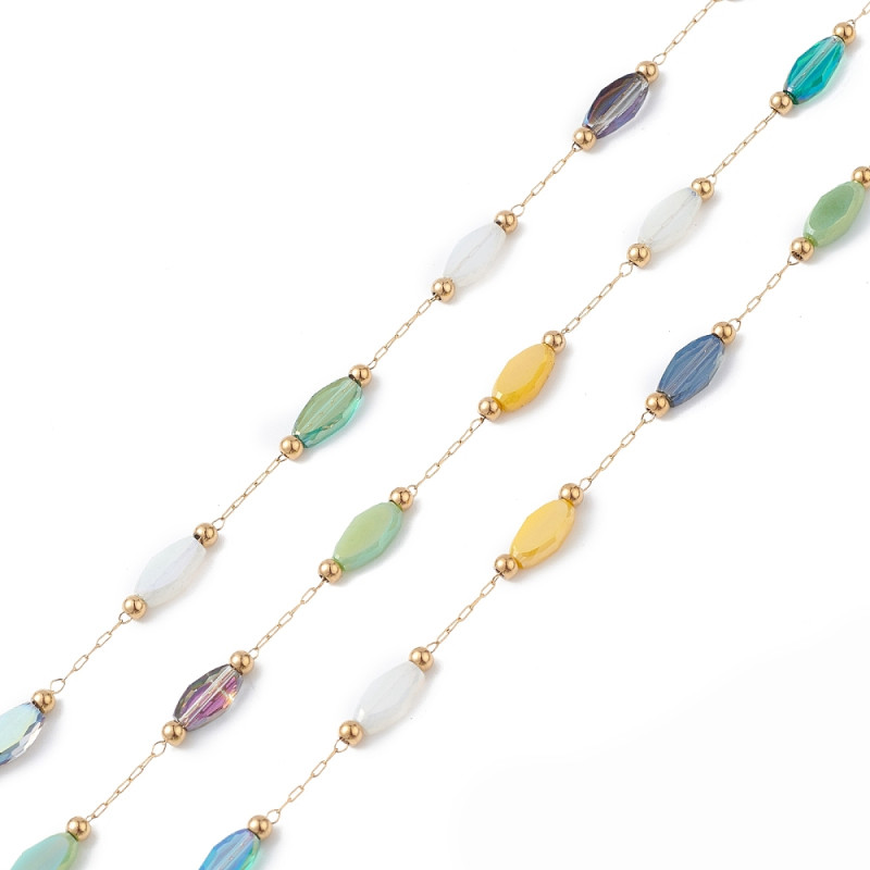 Chaîne acier inoxydable 304 doré avec perle en verre losange 2x0.7x0.2mm x50cm