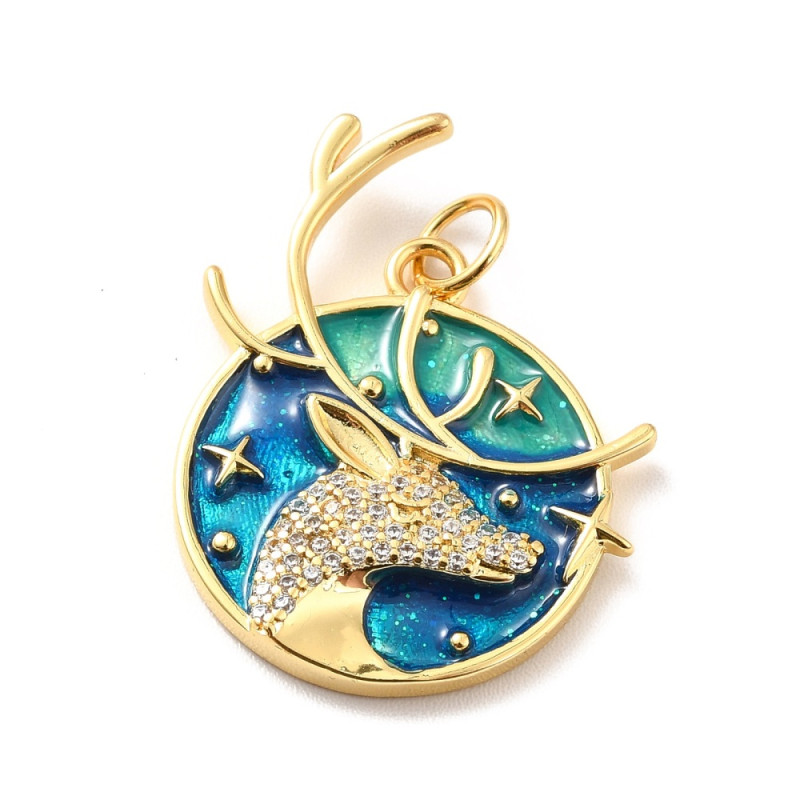 Pendentif Rond Plat avec Cerf en Zircone Cubique - Doré à l'or fin 18K - Bleu, 25.5x21mm x1