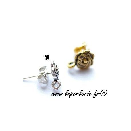 Support boucle d'oreille tige décor rose 8mm ARGENTE x2  - 1