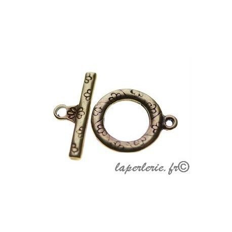 Fermoir T rond impression fleurs 20mm LAITON VIEILLI  - 1