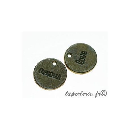 Breloque sequin Amour/Love 15mm LAITON VIEILLI  - 1
