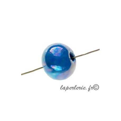 Perle en céramique grecque irisée ronde 15mm BLEU DUR x2  - 1