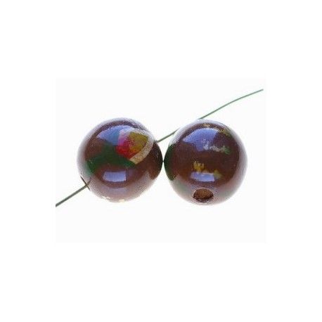 Perle bois décorée, ronde 15mm MARRON  - 1