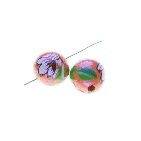 Perle bois décorée, ronde 15mm ORANGE  - 1