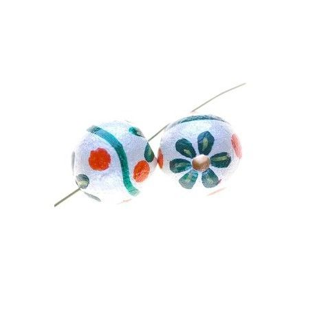 Perle bois décorée, ronde 15mm WHITE  - 1